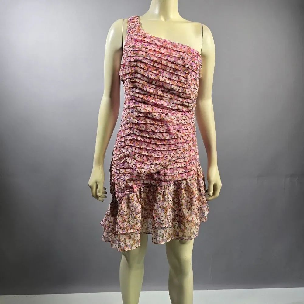 Astr Pink and Brown Ruched One Shoulder Cocktail Dress R7